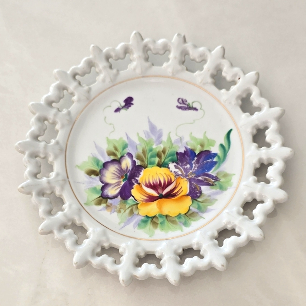 Norcrest Hand-painted Floral China Plate with Lace Edge - White, Purple & Yellow